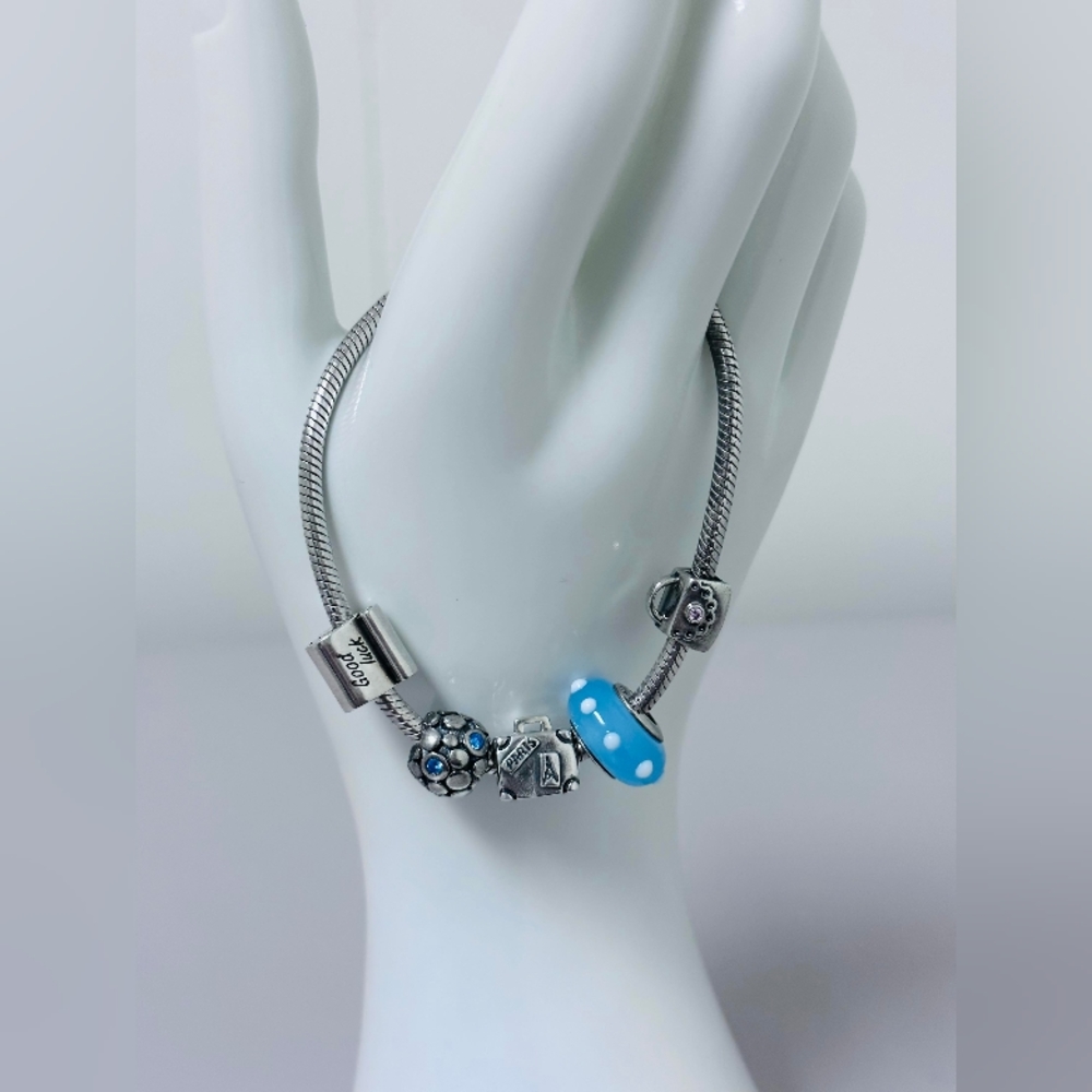 PANDORA 925 ALE Silver, Bracelet with 5 mixed charms (light blue Murano Glass).